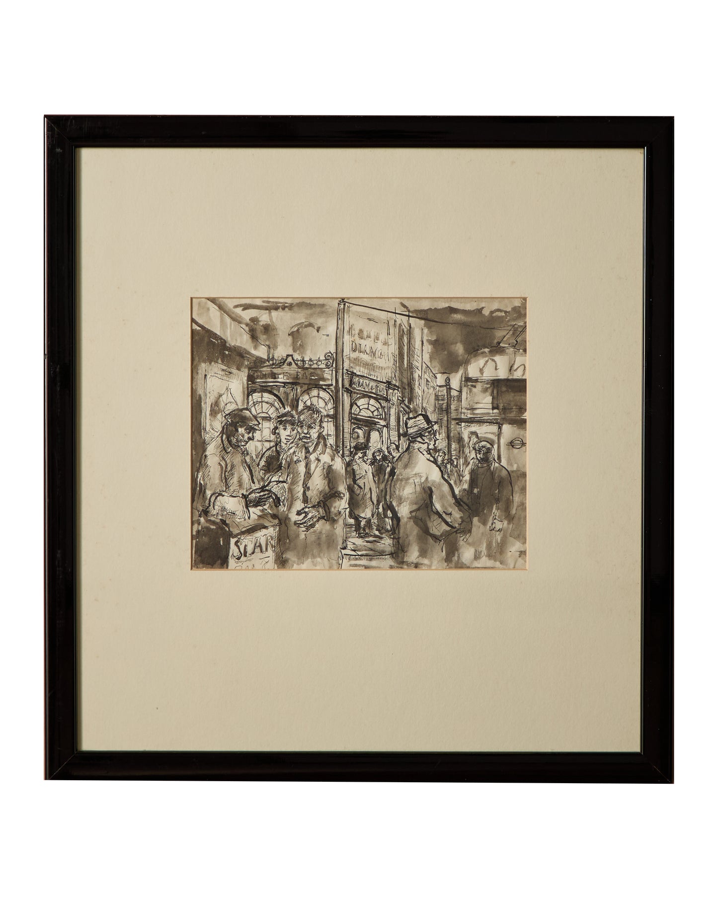 Ink Drawing Figurative Street Scene - Framed and Glazed.