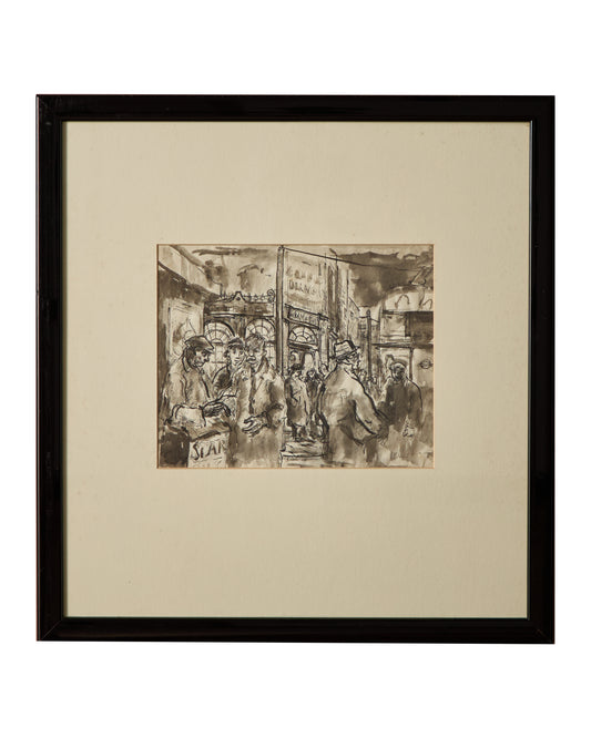 Ink Drawing Figurative Street Scene - Framed and Glazed.