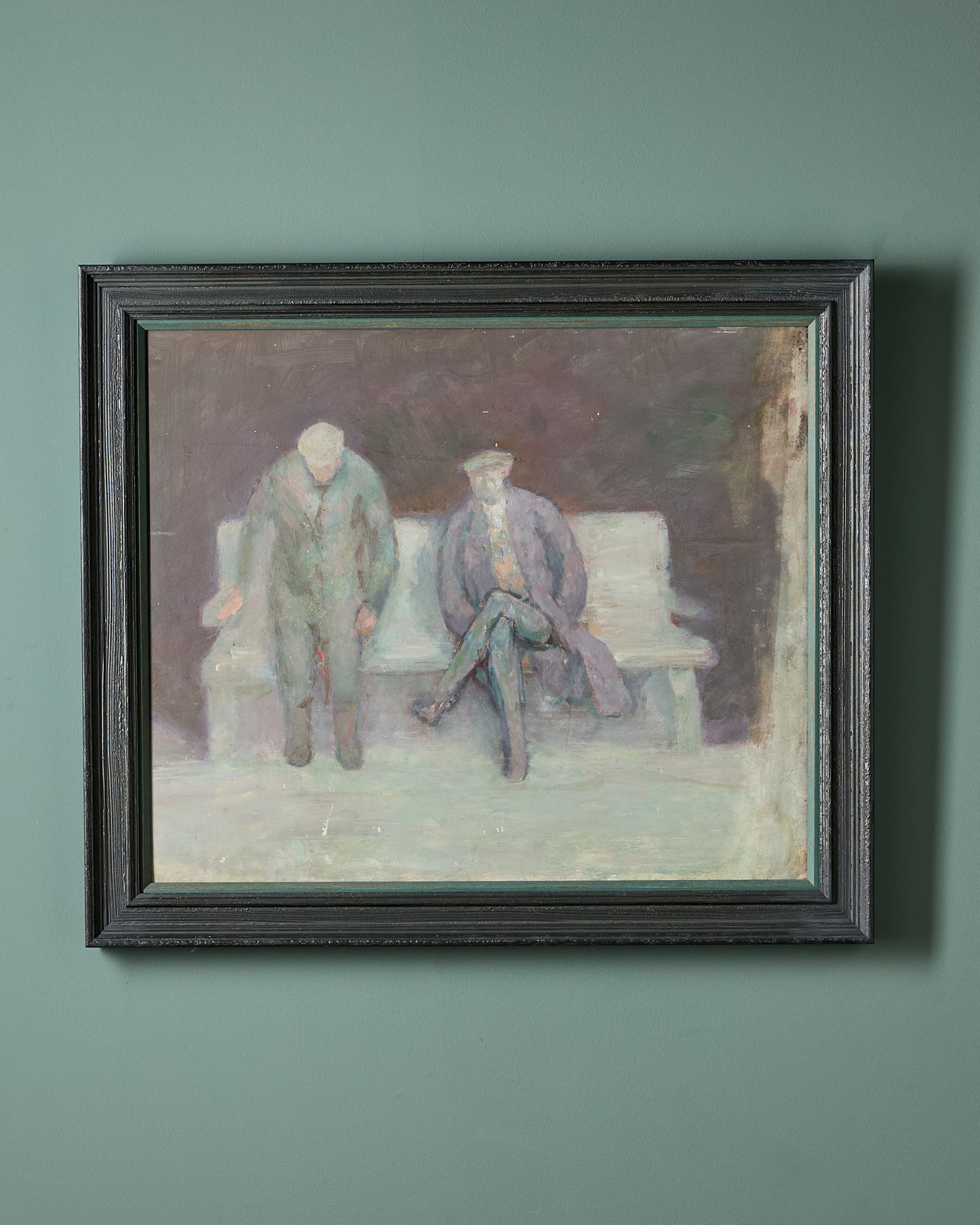 British Oil on Board - Men on Bench -  Albert Harold Palmer (1911 - 1985)