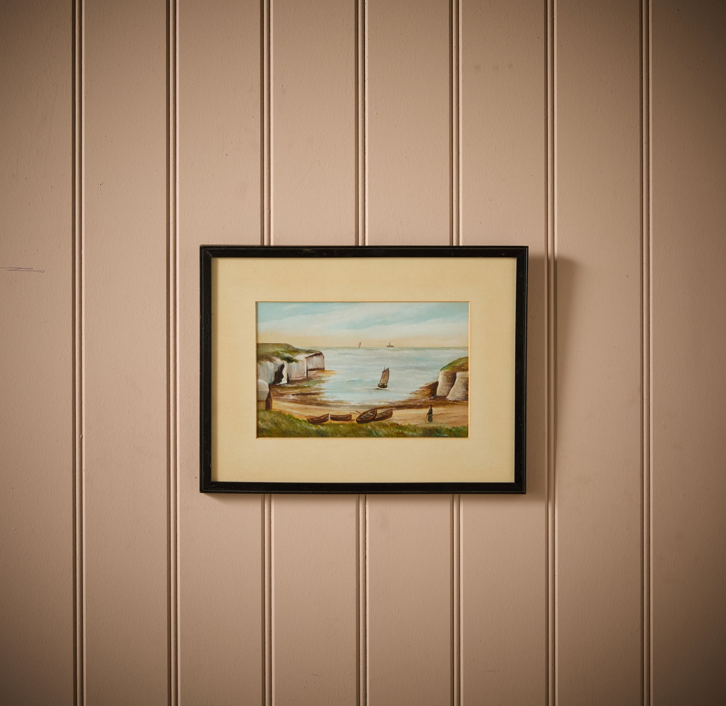 Naive Antique Seascape - Oil on Board - 'North Landing Flamborough'