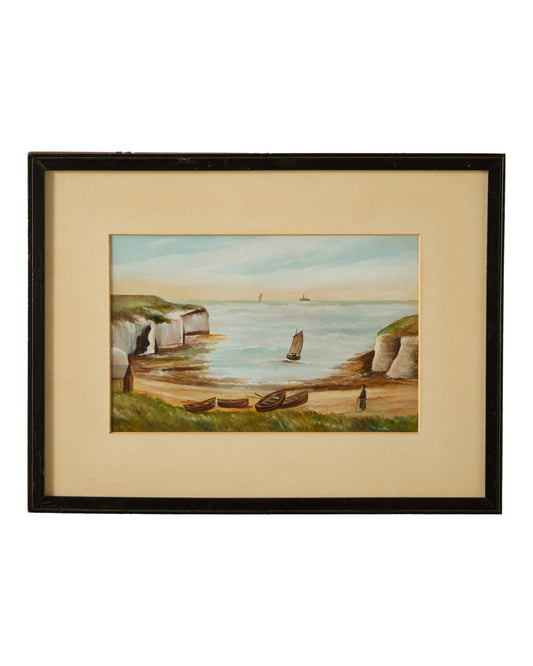 Naive Antique Seascape - Oil on Board - 'North Landing Flamborough'