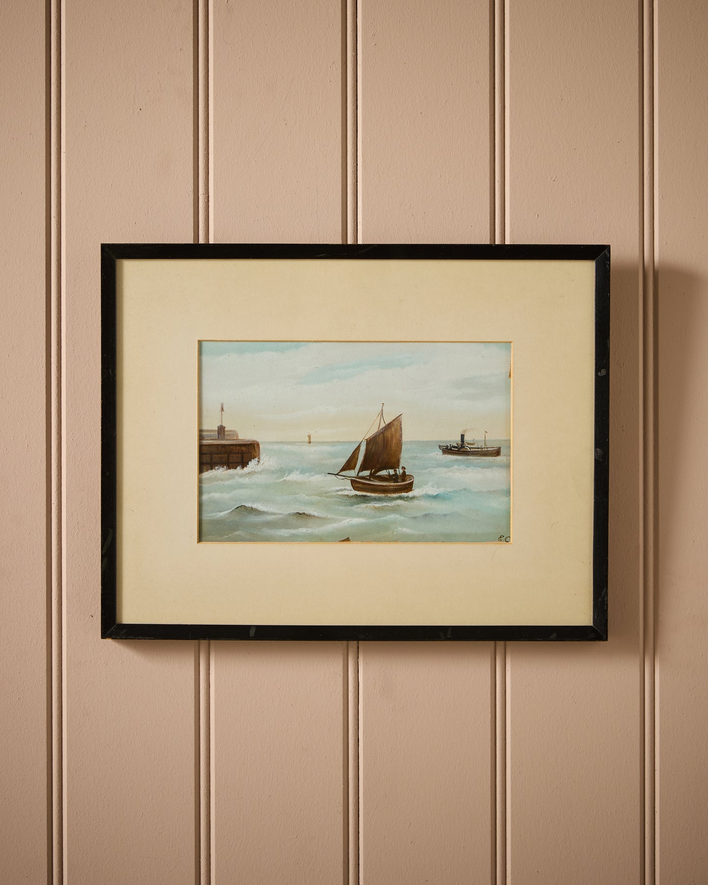 Naive Antique Seascape - Oil on Board - Initialed - Flamborough