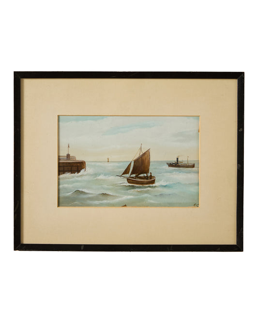 Naive Antique Seascape - Oil on Board - Initialed - Flamborough
