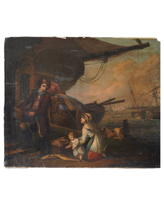 19th Century Varnished Print, Ship Yard Scene